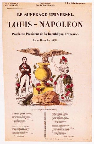 Illustrated lyric sheet for ''Le Suffrage Universel, Louis-Napoleon proclame president de la Republi a Scuola Francese