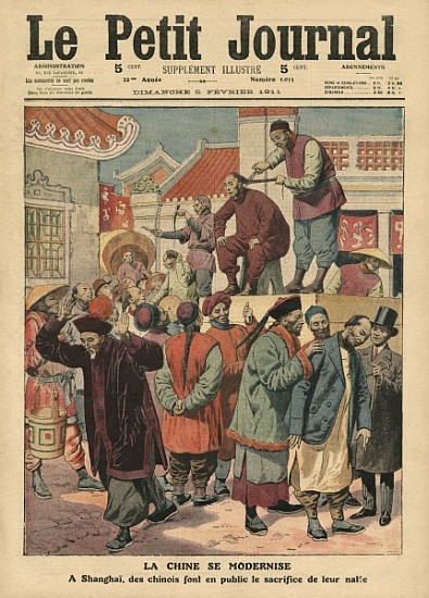 Modernisation of China, Chinese having their pigtail cut off in Shanghai, illustration from ''Le Pet a Scuola Francese