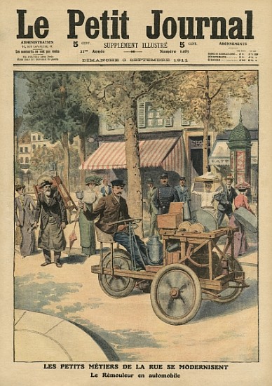 Modernisation of the street jobs, the knife grinder in his car, illustration from ''Le Petit Journal a Scuola Francese
