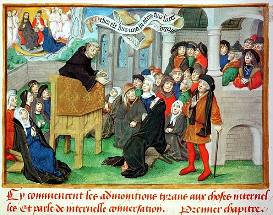 Ms.230 fol.57 Monk Preaching on Imitation, from ''Sermons sur la Passion et Traites Divers'' Jean de a Scuola Francese