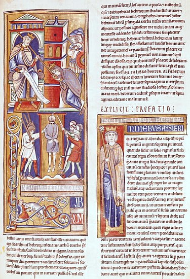 Ms 1 fol.284r Esther and Ahasuerus and the Hanging of Haman, from the Souvigny Bible a Scuola Francese