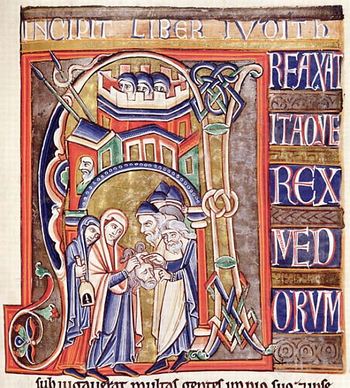 Ms 1 fol.292 Historiated initial depicting Judith with the head of Holofernes, from the Souvigny Bib a Scuola Francese