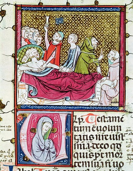 Ms 3076 fol.56r Dying Man Surrounded Doctors and Family, Dictating his Will, from ''Justiniani in Fo a Scuola Francese