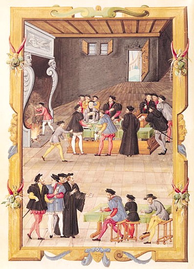 Ms 5169 f.2v The Notaries and the King''s Secretaries in the Hall of the College of Notaries and Kin a Scuola Francese