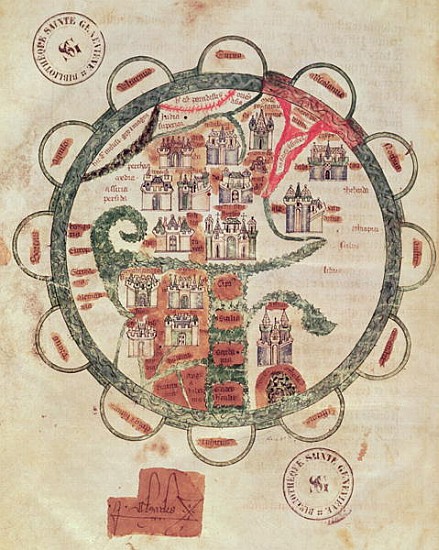 Ms 782 f.374v World map with Jerusalem in the centre, from ''Chroniques de St. Denis'', c.1275 a Scuola Francese
