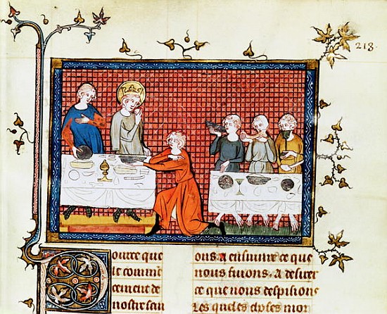 Ms. Fr. 5716 f.213 St. Louis Feeding the Poor, from '' Life and Miracles of St. Louis'', c.1330-40 a Scuola Francese
