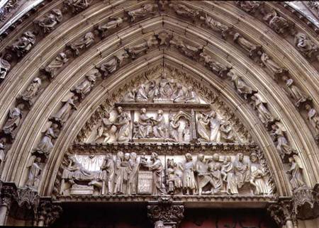 North transept portal, detail of tympanum depicting scenes from The Infancy of Christ and the Story a Scuola Francese