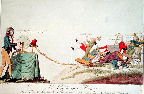 Revolutionary cartoon depicting ''The Electrical Spark of Liberty that will Topple the Thrones of al a Scuola Francese