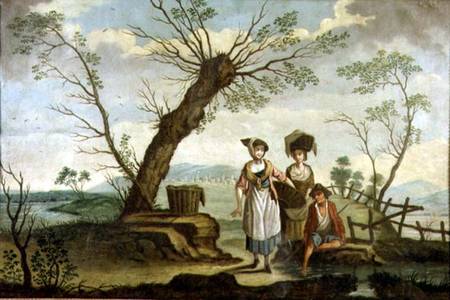 Rustic landscape with washerwomen and a peasant a Scuola Francese