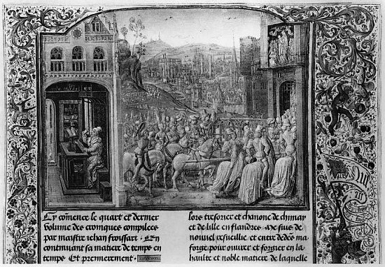 T.4 fol.1 L: Froissart writing his chronicle, R: Isabella of Bavaria (1371-1435) entering Paris in 1 a Scuola Francese