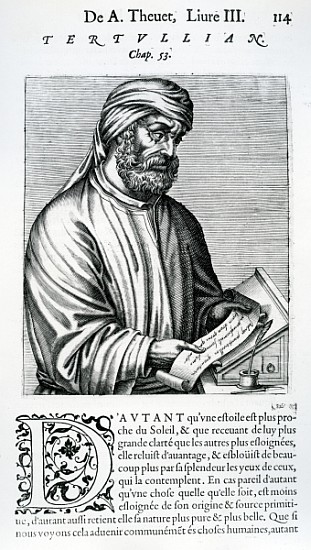 Tertullian, illustration from Andre Thevet''s ''Des vrais pourtaits et vies des hommes illustres'' a Scuola Francese