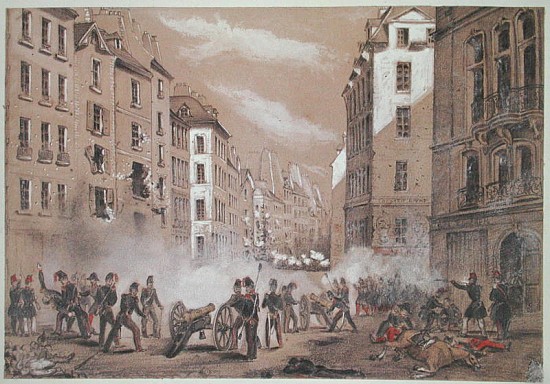 The Army Attacking a Barricade in Rue St. Antoine a Scuola Francese