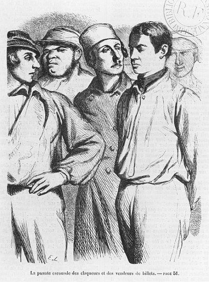 The arrogant squad of hired applauders and ticket sellers, illustration from ''Les Illusions perdues a Scuola Francese