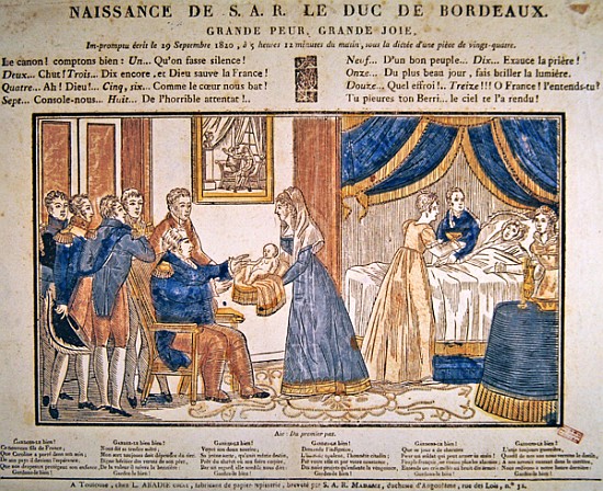 The birth of Henri Charles Ferdinand Marie Dieudonne de France, Duc de Bordeaux, Comte de Chambord o a Scuola Francese