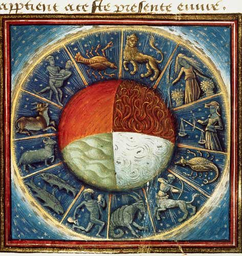 Ms Fr 135 Fol.285 The four elements of the Earth with the twelve signs of the zodiac, from 'Des Prop a Scuola Francese