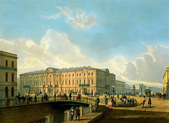 The Moyka Embankment and the Police Bridge in St. Petersburg, printed J. Jacottet and Regamey, publi a Scuola Francese