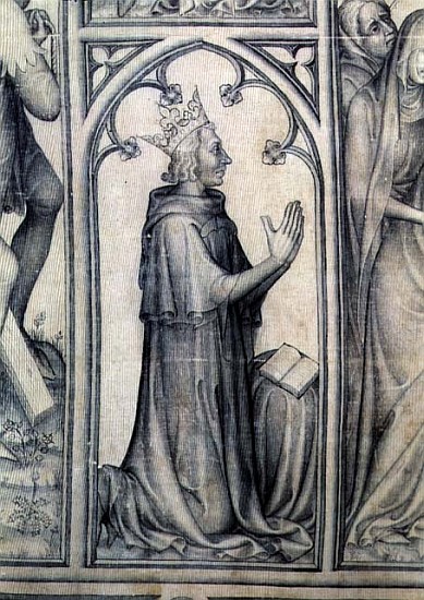The Parement of Narbonne, detail of Charles V (1338-80) praying, c.1375 (grisaille on silk) (detail  a Scuola Francese