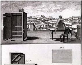 Drawing aids: a basic wooden camera obscura and a portable obscura, plate IV from the Encyclopedia o