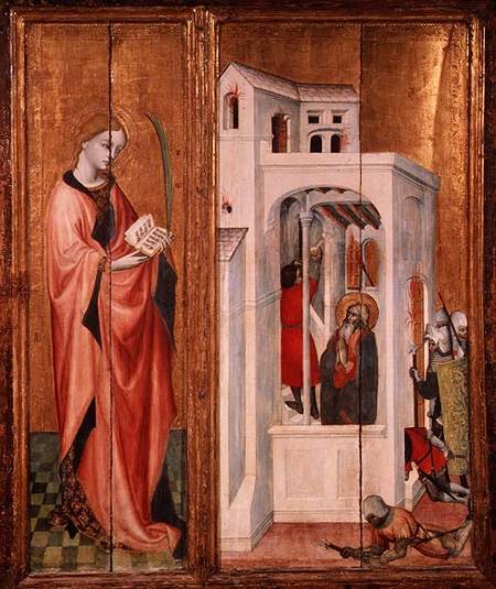 Thouzon Altarpiece, left-hand section showing a female martyr and a scene from the Life of St. Andre a Scuola Francese
