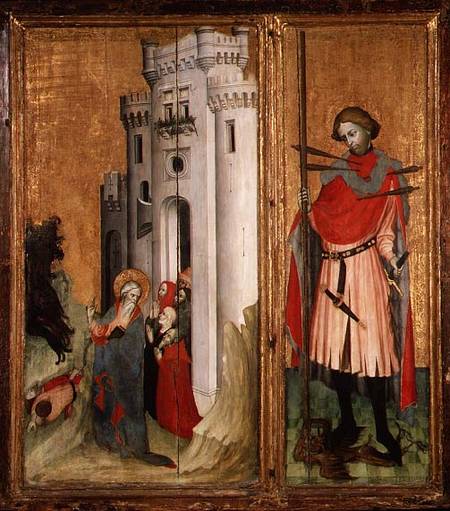 Thouzon Altarpiece, right-hand section showing (LtoR) St. Andrew expelling demons from Nice; St. Seb a Scuola Francese