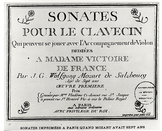 Title Page for ''Sonates pour le clavecin'' dedicated to Madame Victoire de France (1733-99) Mozart  a Scuola Francese