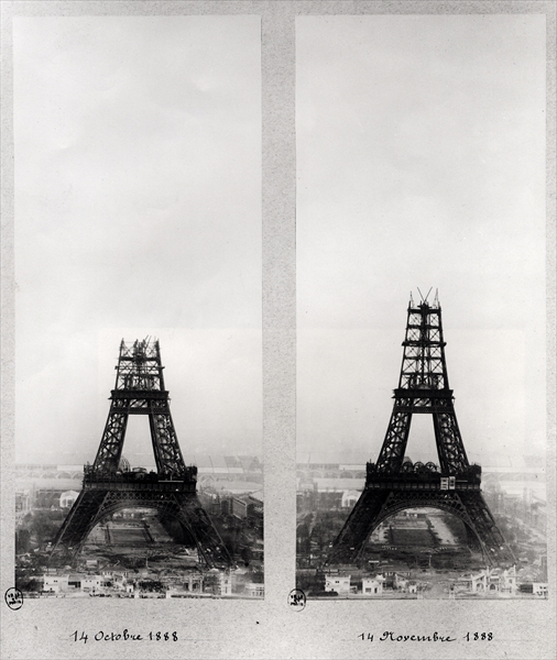 Two views of the construction of the Eiffel Tower, Paris, 14th October and 14th November 1888 (b/w p a Scuola Francese