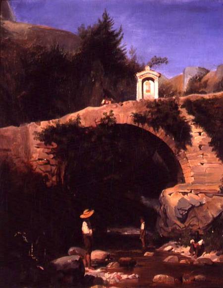 View of a Bridge and River Outside Rome a Scuola Francese