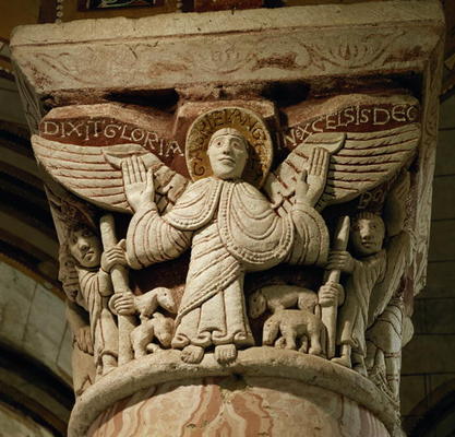 Column capital depicting the archangel Gabriel (stone) a French School, (11th century)