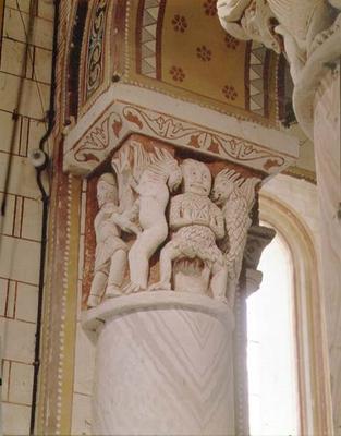 Monstrous figures, column capital (stone) a French School, (11th century)
