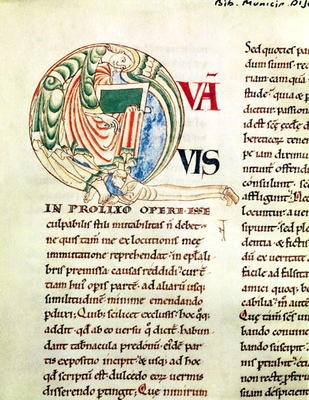 Ms.173 Fol.6 v. Initial 'Q' depicting a monk and an angel, from Moralia in Job by Pope Gregory the G a French School, (12th century)