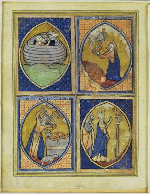 Noah receiving the White Dove, Moses receiving the Tables of the Law, the sacrifice of Abraham, Mose a French School, (13th century)