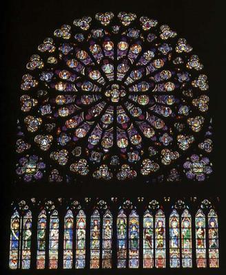 South transept rose window depicting Christ in the centre surrounded by saints and the twelve apostl a French School, (13th century)