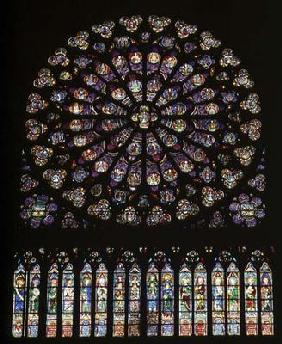 South transept rose window depicting Christ in the centre surrounded by saints and the twelve apostl
