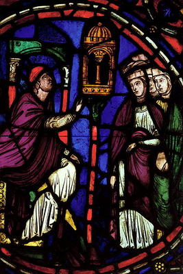 Window depicting a man preaching to three women, Ile de France Workshop (stained glass) a French School, (13th century)