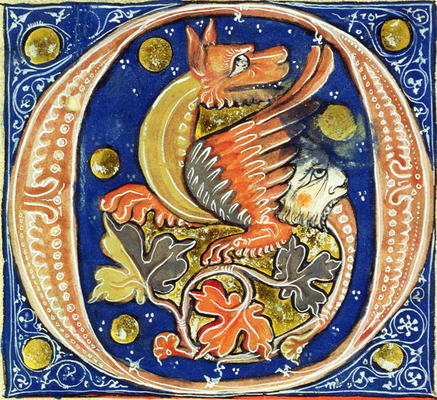 Historiated initial 'O' depicting a winged griffin (vellum) a French School, (14th century)