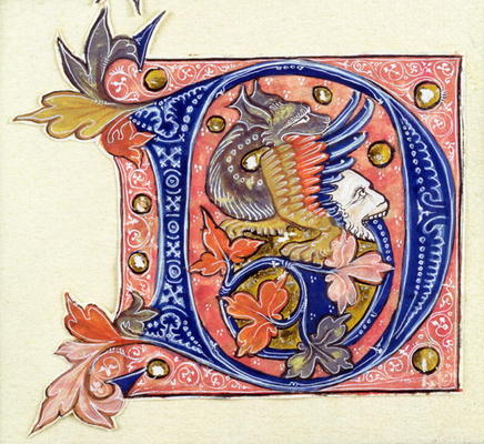 Historiated Initial 'D' depicting a fish with a human head (vellum) a French School, (14th century)