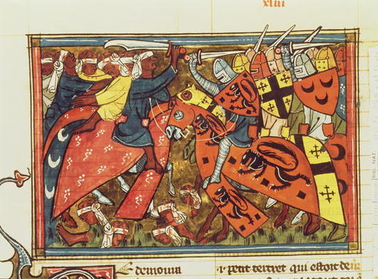 Fr 22495 f.43 Battle between Crusaders and Moslems, from Le Roman de Godefroi de Bouillon (vellum) a French School, (14th century)