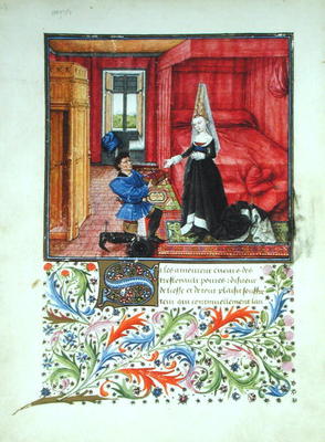 Ms 2617 The scribe dedicating La Teseida to an unknown young woman, from La Teseida, by Giovanni Boc a French School, (14th century)