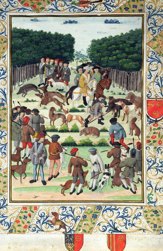Louis Malet (1441-1516) Seigneur de Graville, hunting wild boar, from the 'Terrier de Marcoussis', 1 a French School, (15th century)