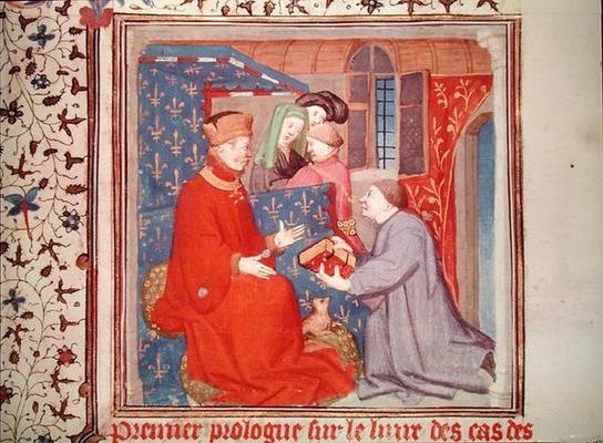 Ms Fr 131 f.1 Jean (1340-1416) Duke of Berry Receiving a Manuscript from Boccaccio, from 'Cas des No a French School, (15th century)