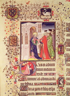 Ms Lat 919 fol.96 Jean de France, Duc de Berry being led by St. Peter into the Gates of Heaven with a French School, (15th century)