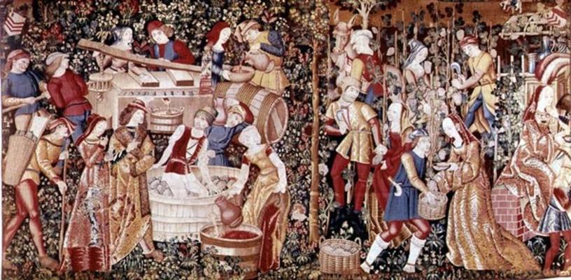 The Grape Harvest, from the 'Workshop on the Banks of the Loire' (tapestry) (see 23083 for detail) a French School, (15th century)