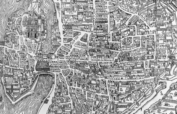 Detail from a map of Paris in the reign of Henri II showing the quartier des Ecoles, 1552 (engraving a French School, (16th century)