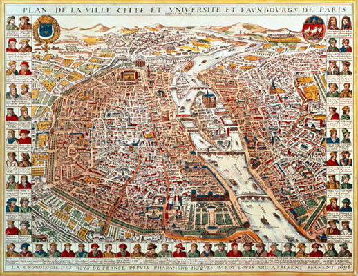 Plan of Paris, bordered by a chronological series of portraits of the kings of France from Pharamond a French School, (17th century)