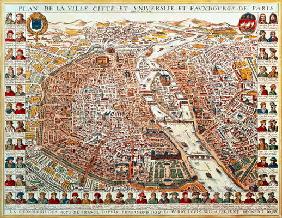 Plan of Paris, bordered by a chronological series of portraits of the kings of France from Pharamond