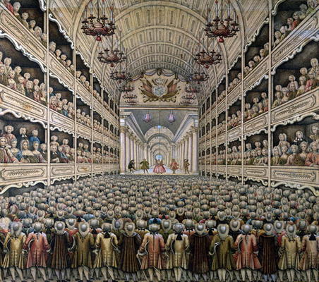 A French Theatre (colour engraving) a French School, (18th century)