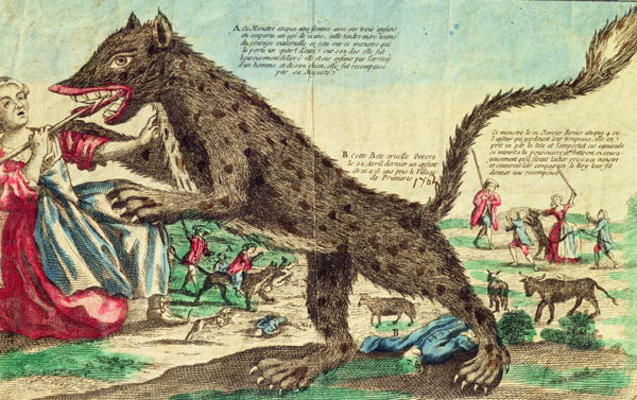 Attacks by the beast of Gevaudan in 1764 (colour engraving) a French School, (18th century)