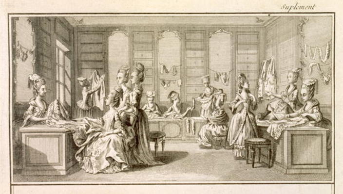 Fashion shop, from the 'Encyclopedia' by Denis Diderot (1713-84), published c.1770 (engraving) a French School, (18th century)