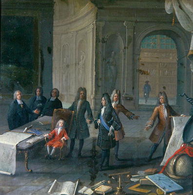 Louis XIV attending a lesson of his great grandson, the future Louis XV, c.1715 (oil on canvas) a French School, (18th century)