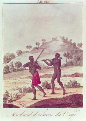 Slave Trader in the Congo (coloured engraving) a French School, (18th century)